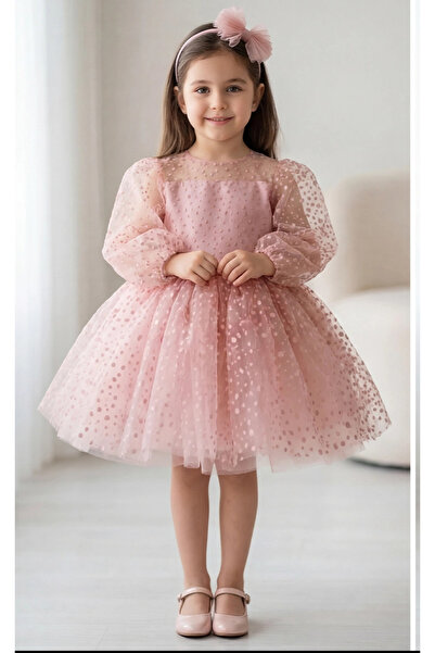 ELLUSSİ Kız Çocuk Pudra Şeffaf Üstlü Flok Tüllü Kabarık Elbise