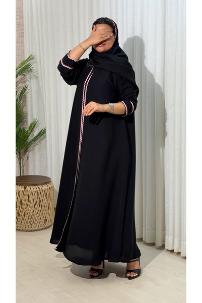 Ms عباية صيفي ملكي أسود بقصة نص كلوش مع كلفة وردية على الأمام والأكمام شامل الطرحه