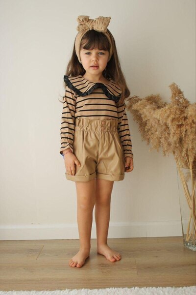 Asortix Girl's Leather Shorts and Striped Blouse Two-Piece Set Stylish Trend ...