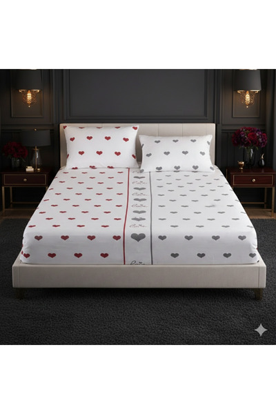 ÖZteks 180-200 cm Fabric Double Gray Red Heart Pattern Elastic Bed Sheet + 2 ...