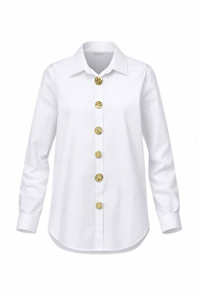 Miss Poem Women's White Gold Buttoned Slim Fit Lycra Cotton Shirt