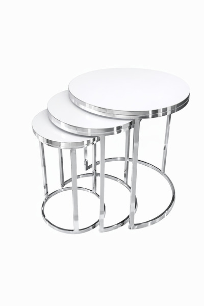 Riyes Tasarım Dünya Model 3’lü Zigon Sehpa Seti –KROM GÜMÜŞ Metal Ayaklı – Mo...