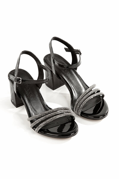 Rella Black Stone Ankle Strap Thick Heeled Evening Dress Women's Shoes – Shin...