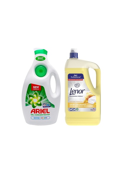 Ariel Liquid laundry detergent Whites + Colors, 6.3L + Lenor Summer Breeze 5L