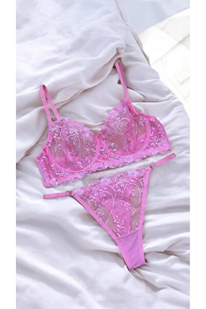 Lady's First Büyük Beden C Kap Açık Pembe Nakışlı Desenli Dantelli Bralet Takım