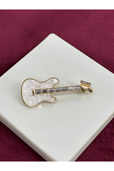 Calista Aksesuar Beyaz Yansımalı Elektro Gitar Figürlü Gold Broş