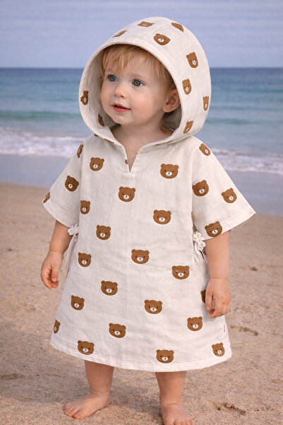 ygz junior Double-Layered Organil Muslin Sea Pool Poncho with Teddy Bear Desi...