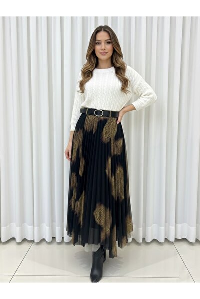 Fibula Desenli astarlı asimetrik uzun tül etek