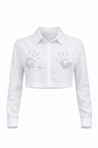 Miss Poem Women's White Stone Embroidered Crop Shirt