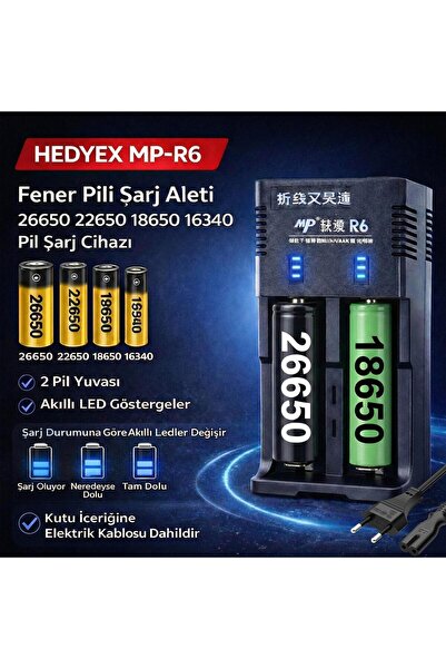 Hedyex MP-R6 Fener Pili Şarj Aleti 2li Display 26650 22650 18650 16340 14500 ...