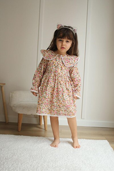 Asortix Girl's Floral Patterned Guipure Collared Dress Stylish Daily and Spec...