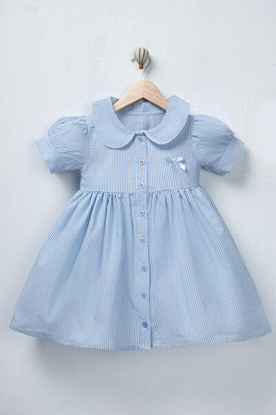 TİNY GOLDEN Kız Çocuk Çizgili Düğmeli Balon Kol Yakalı Fiyonklu Elbise