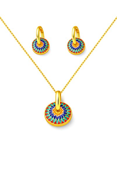 POEM JEWELLERY Renkli Mandala Altın Kaplama Kadın Kolye Küpe Set Paslanmaz Çe...