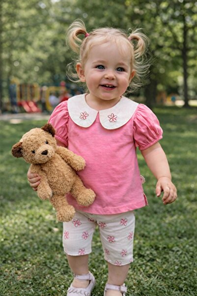 LUSSO Tekstil Pembe Zarif Dantel Yakalı Yazlık Kız Çocuk Takımı (Kaprili)