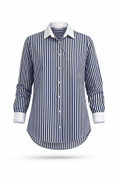 Miss Poem Women's Navy Blue Striped Classic Shirt