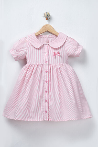 TİNY GOLDEN Girl's Striped Buttoned Balloon Sleeve Collar Pink Bow Dress