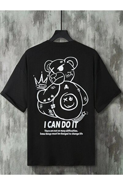 Mythologie تي شيرت I Can Do It Bear - أسود، مطبوع، رقبة دائرية، كبير الحجم، ك...