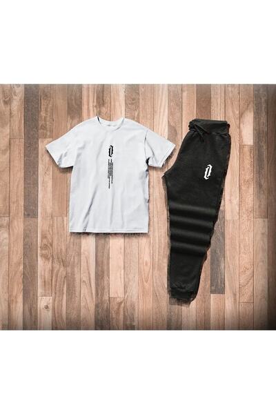 Mythologie Vertical White T-shirt Black Sweatpants - Jogger T-Shirt Bottom To...