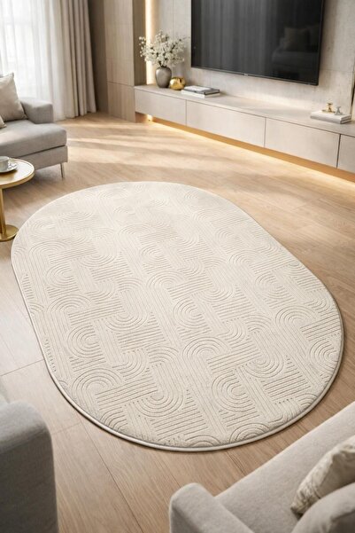 BESELY Krem Bohem Emboss Kabartma Desen Oval Elips Kaymaz Taban Yıkanabilir H...