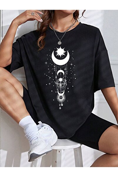 Mythologie Μπλουζάκι Sun Moon Symbol - Μαύρο εμπριμέ Oversize Crew λαιμόκοψη ...