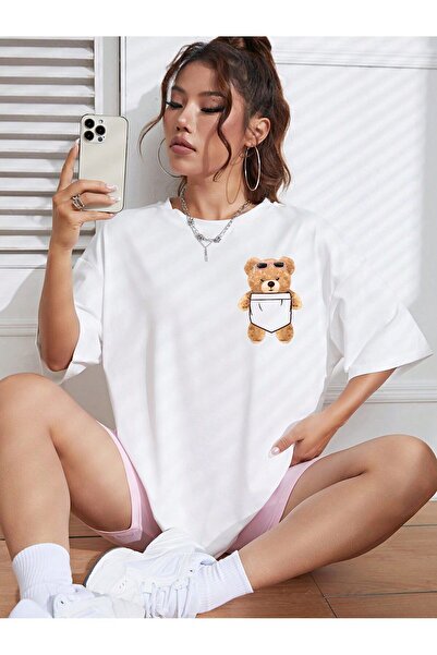 Mythologie Pocketed Bear T-Shirt - White Printed Oversize Crew Neck Short Sle...