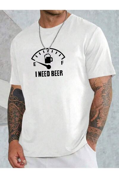 Mythologie تي شيرت Need Beer - أبيض مطبوع بياقة دائرية وأكمام قصيرة وفضفاضة