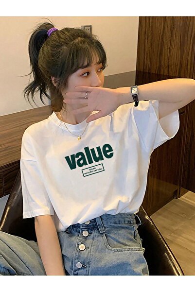 Mythologie Value T-Shirt - White Printed Oversize Crew Neck Short Sleeve Loose