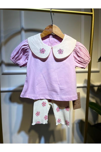 LUSSO Tekstil Açık Lila Zarif Dantel Yakalı Yazlık Kız Çocuk Takımı (Kaprili)