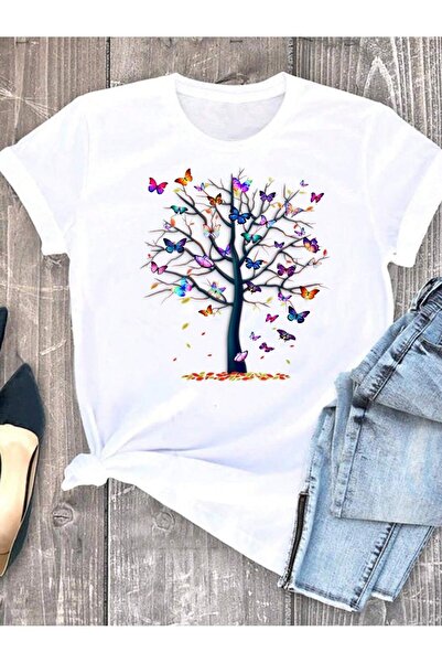 Mythologie تي شيرت شجرة الفراشة - أبيض مطبوع كبير الحجم برقبة دائرية وأكمام ق...