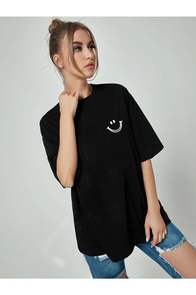 Mythologie Smile Logo T-shirt - black, Printed, Crew Neck, Printed, Short Sleeve, Boyfriend, Loose