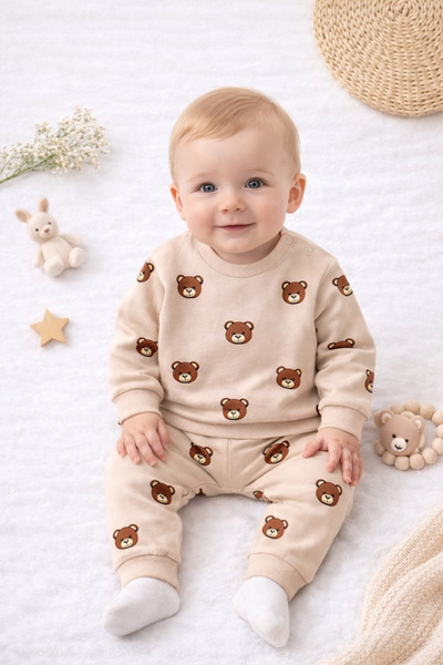 Ayıcık Desenli Bebek 2’li Takım – Uzun Kollu Sweatshirt & Pantolon