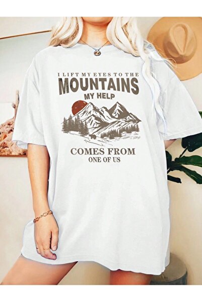 Mythologie Mountains Help T-Shirt - White Printed Oversize Crew Neck Short Sl...