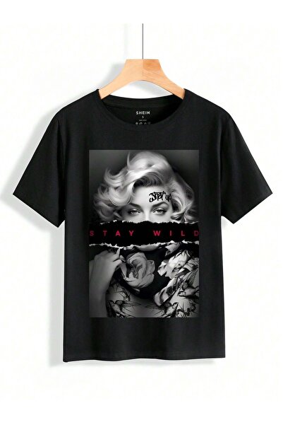 Mythologie Тениска Stay Wild - Черна с принт, широка, с къс ръкав и облегаща ...