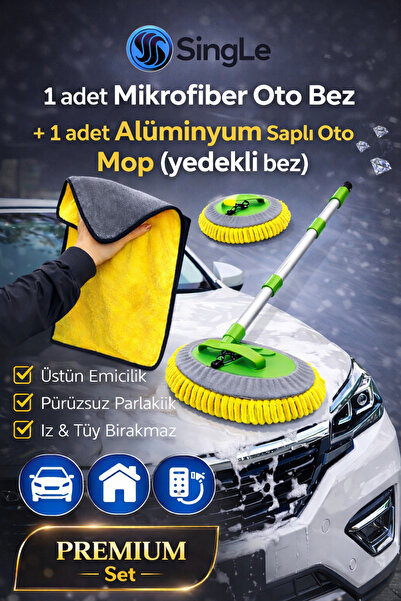 Single 2 Li Premium Paket & Mikrofiber Oto Bezi & Paslanmaz Alüminyum Saplı Ç...