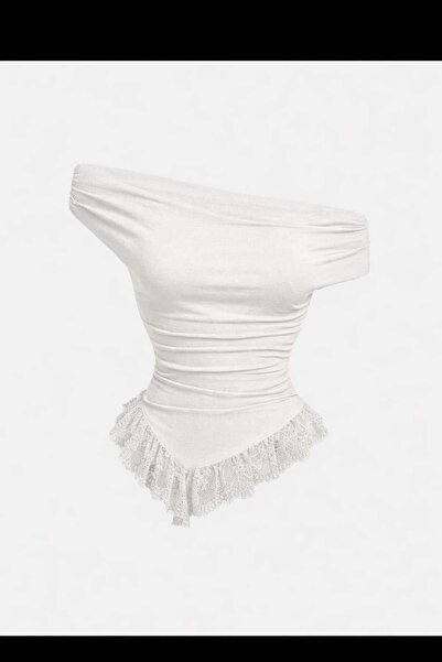 EVOA Women's Madonna Collar Tulle Detailed Gathered Asymmetrical Blouse