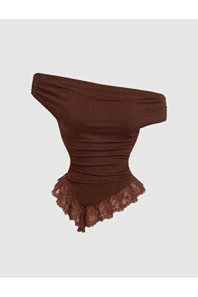 EVOA Women's Madonna Collar Tulle Detailed Gathered Asymmetrical Blouse