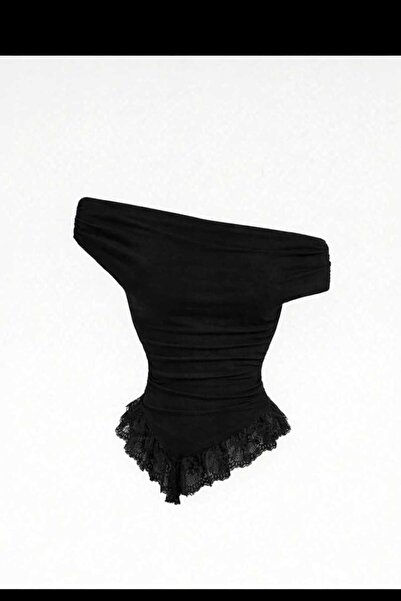 EVOA Women's Madonna Collar Tulle Detailed Gathered Asymmetrical Blouse