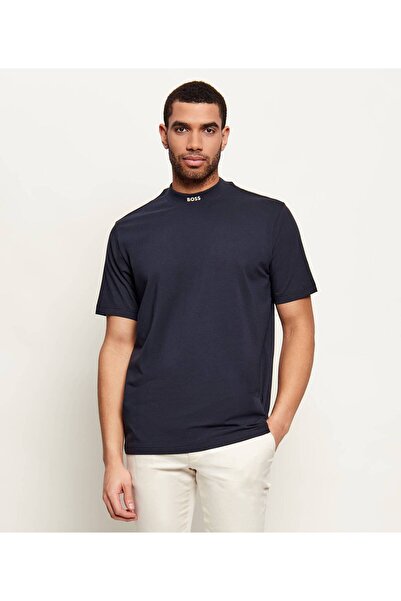 BOSS Men's Regular Fit Logo Printed Round Neck Cotton Short Sleeve Navy Blue ...