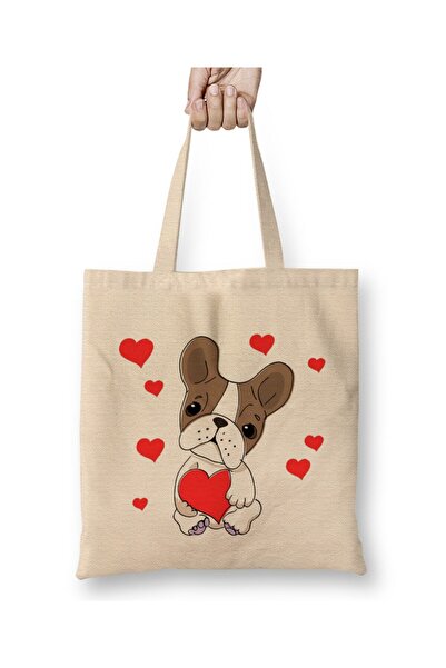 Toyaso French Bulldog Pug Heart Dog White Tote Bag Long Handle Shopping Bag B...