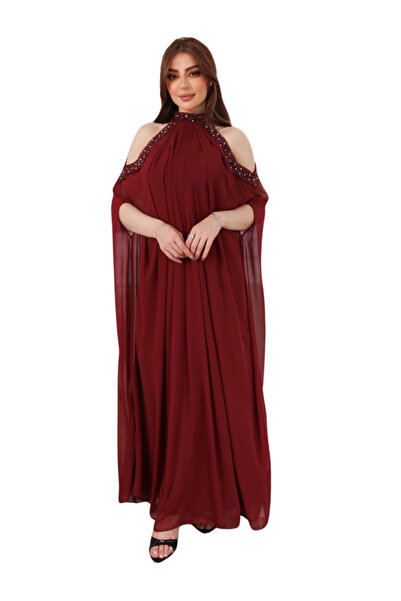 TREN Embroidered Burgundy Halter Dress Long Chiffon Cold Shoulder Gown Formal...
