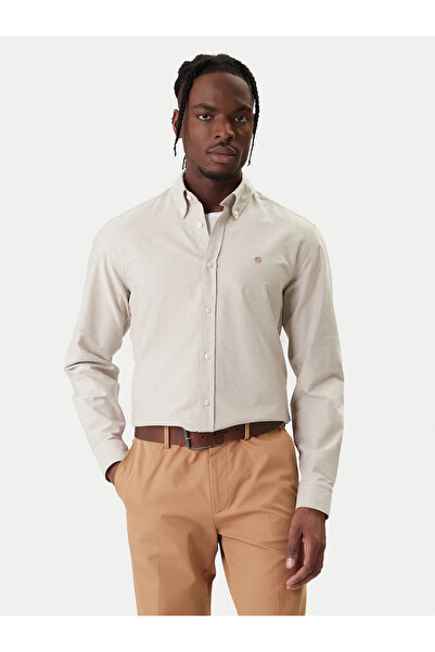 BOSS Men's Regular Fit 100% Cotton Logo Embroidered Long Sleeve Beige Shirt 5...