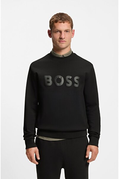 BOSS Men's Regular Fit Round Collar Logo Embossed Cotton Long Sleeve Black Sw...