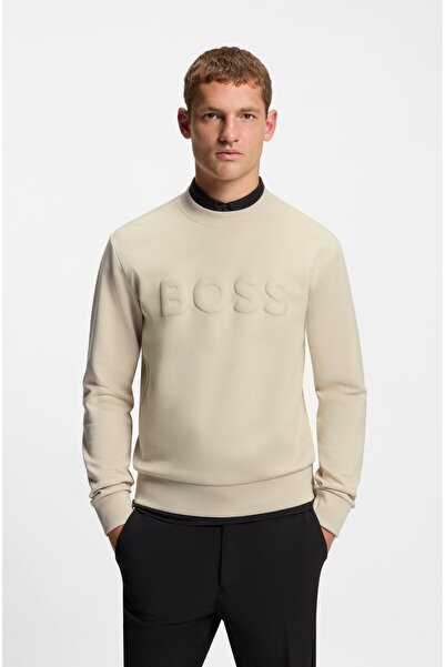 BOSS Men's Regular Fit Round Collar Logo Embossed Cotton Long Sleeve Beige Sw...