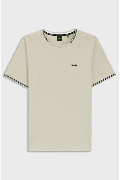 BOSS Men's Regular Fit Striped Crew Neck Flexible Cotton Short Sleeve Beige T...