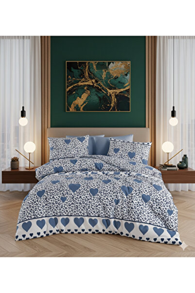 ÖZteks Blue Heart Leopard Patterned Cotton Double Bed Sheet with Elastic Bedd...