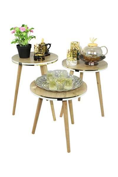 TrentonGCC Set of 3 Light Wood Nesting Tables Gold Rim Modern Side Coffee Tab...