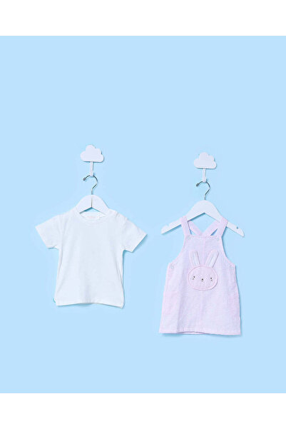 REDTAG طقم دنغري وردي مع تي شيرت للبنات الرضع (قطعتين)