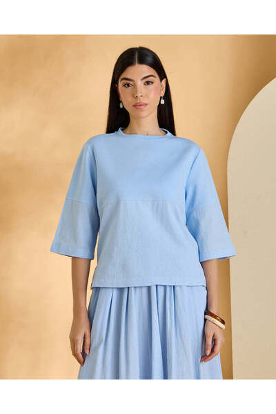 REDTAG بلوزة نسائية زرقاء من الجيرسيه المخيط