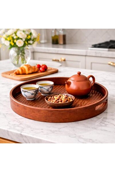 Generic Luxury Round Wooden Serving Tray with Woven Base