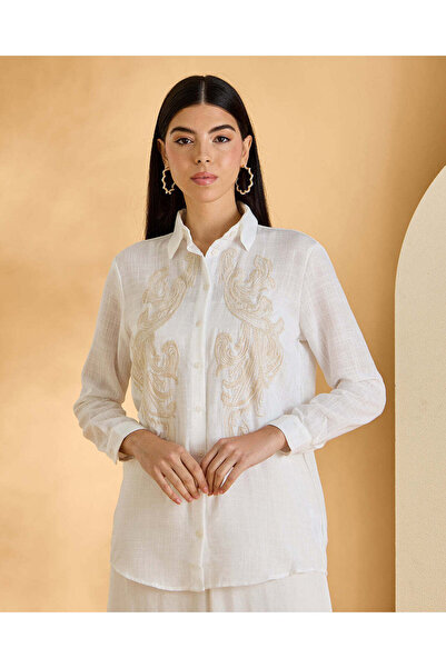 REDTAG بلوزة نسائية طويلة الأكمام مطرّز باللون العاجي